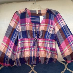 Anthropologie Smocked-waist plaid top